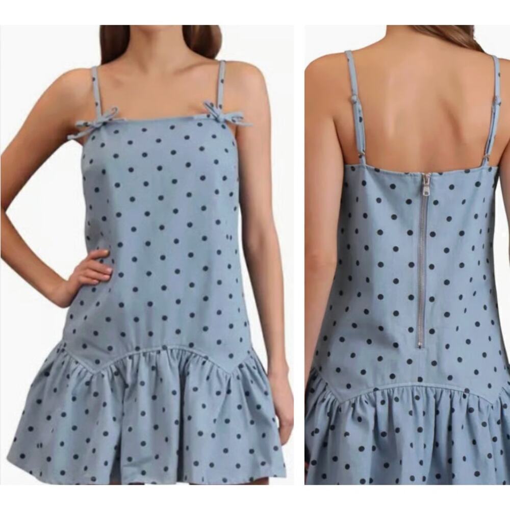 Avec Les Filles Denim Polka Dot Drop Waist Mini Dress Bow Coquette Feminine sz L